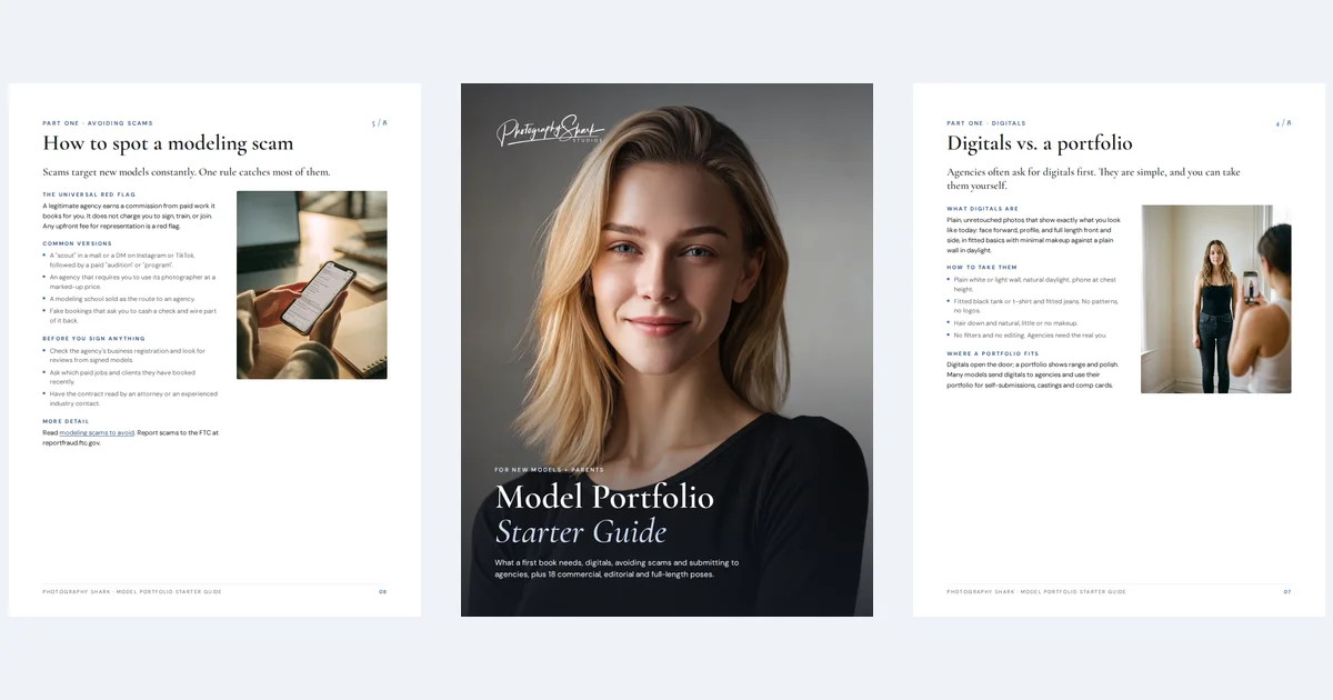 Three pages from the Model Portfolio Starter Guide: the scams page, the cover, and digitals vs. a portfolio