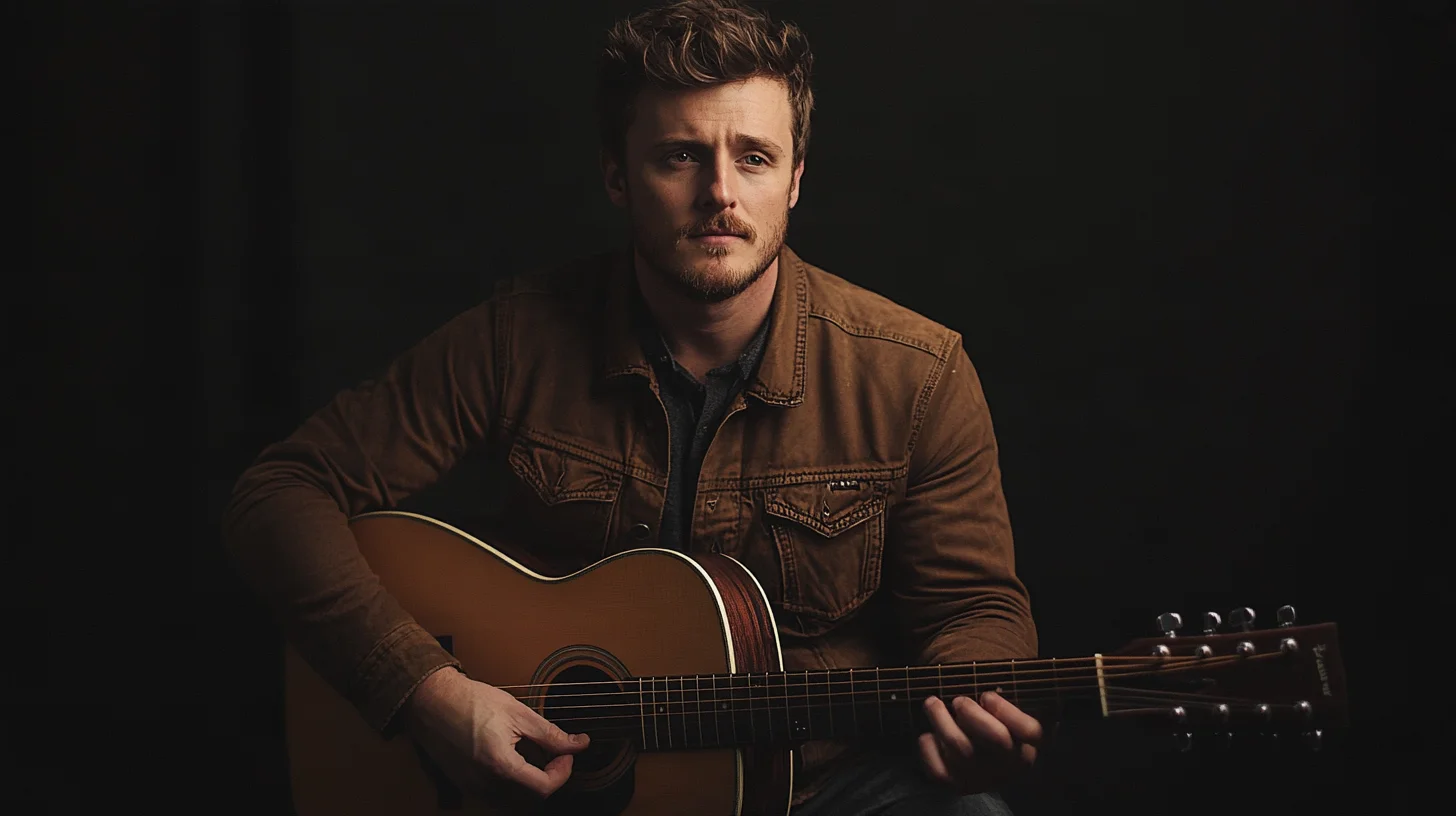Musician press photo session at Photography Shark studio near Boston — artist with guitar under shaped studio lighting against a dark backdrop