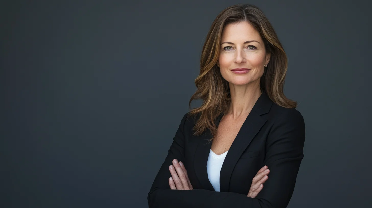 Promotion announcement headshot session — senior executive in structured jacket, neutral backdrop, composed expression calibrated for press release and LinkedIn