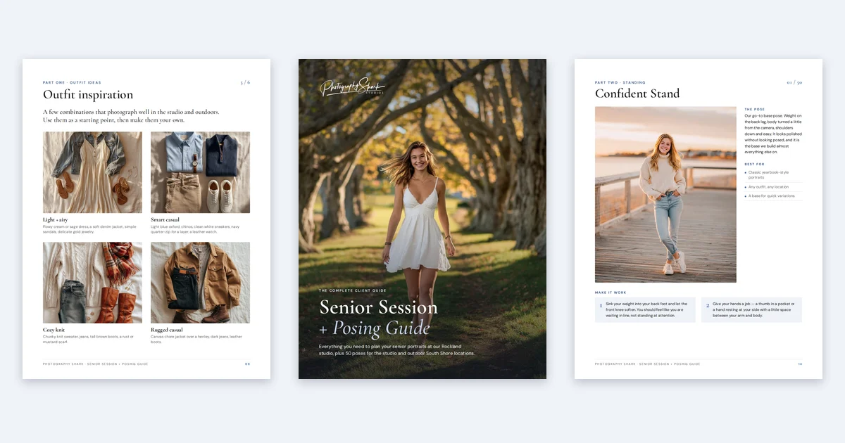 Three pages from the Senior Session and Posing Guide: outfit inspiration, the cover, and the Confident Stand pose